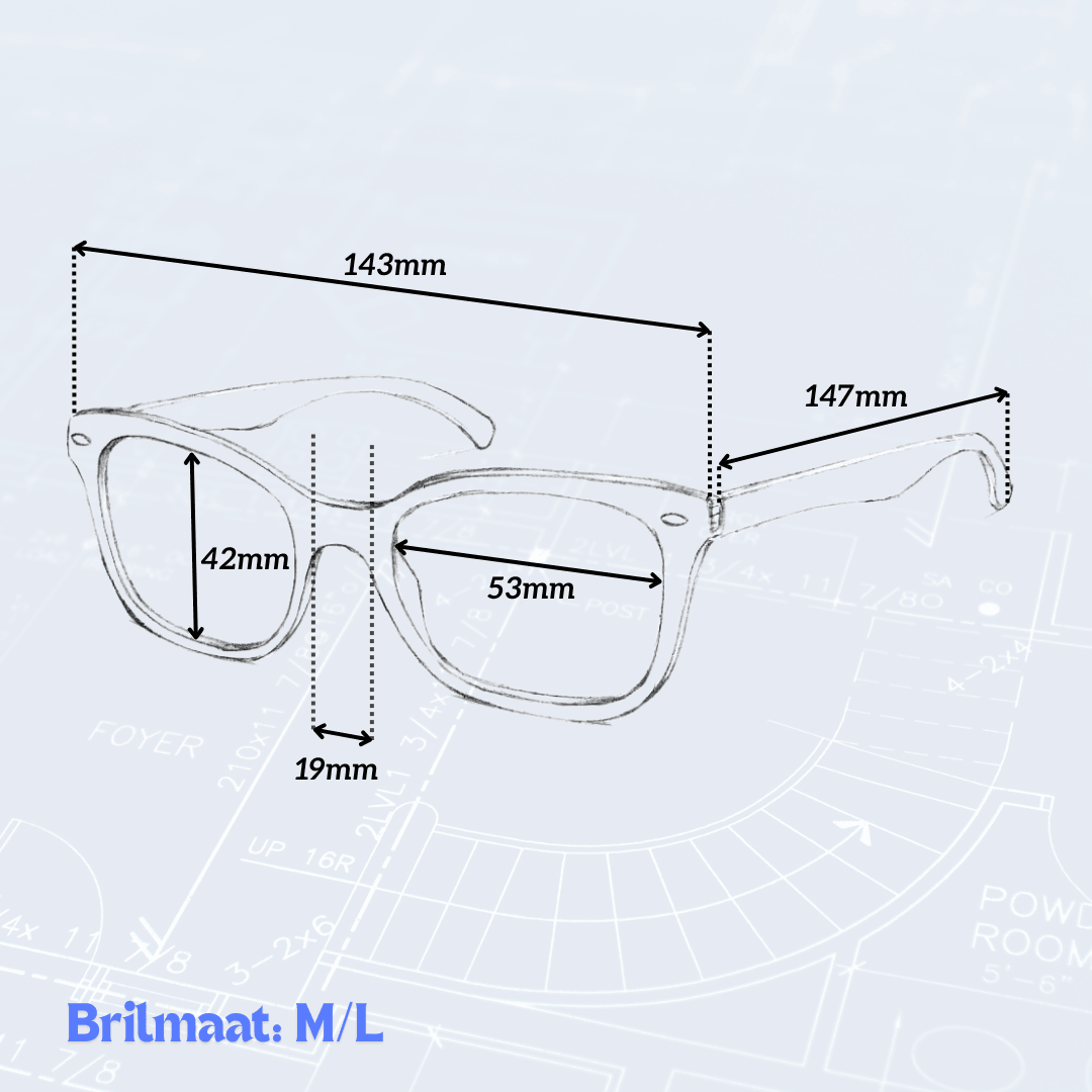De afmetingen van de Alina blauwlicht bril maat M/L.