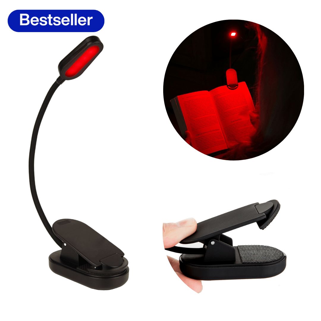 De Alina roodlicht lamp met weergave van iemand die leest met de brandende rode leeslamp en de klem weergegeven.