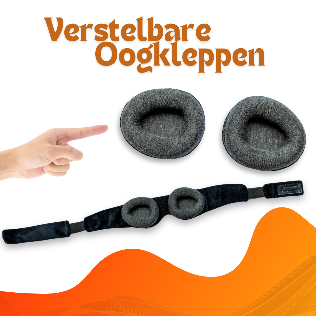 Slaapmasker met verstelbare oogkappen, inclusief hand die naar de oogkappen wijst, ideaal voor aanpasbaar comfort tijdens het slapen